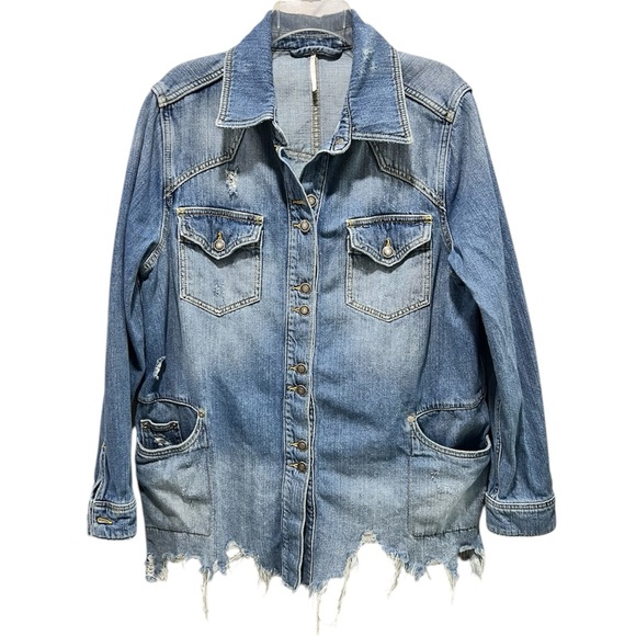 Free People Moonchild Distressed Oversized Denim Shacket Jacket In Indigo Blue - Picture 9 of 15